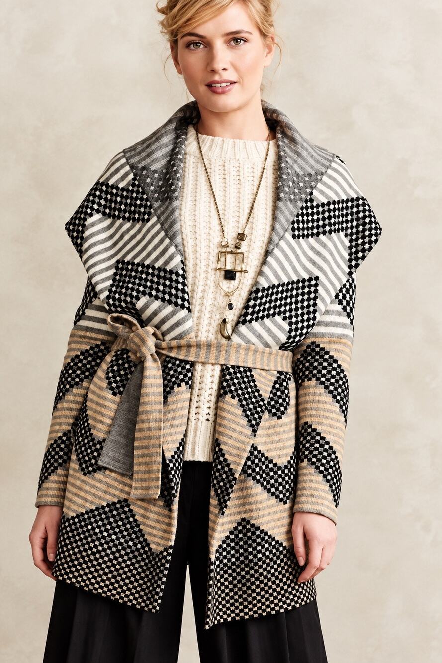 NEW Anthropologie Field Flower Hooded Wool Cardigan Coat Geometric Large